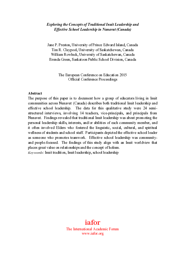 (PDF) Exploring the Concept of Inuit School Leadership in Nunavut, Canada