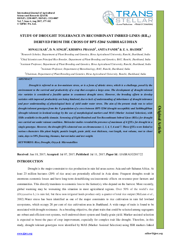 (PDF) Study of Drought Tolerance in Recombinant Inbred Lines (RILs ...
