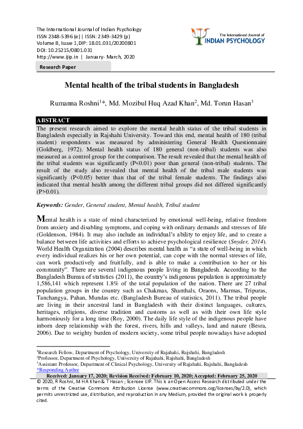 (PDF) Mental health of the tribal students in Bangladesh