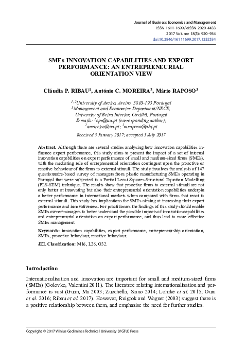 (PDF) Smes Innovation Capabilities and Export Performance: An ...