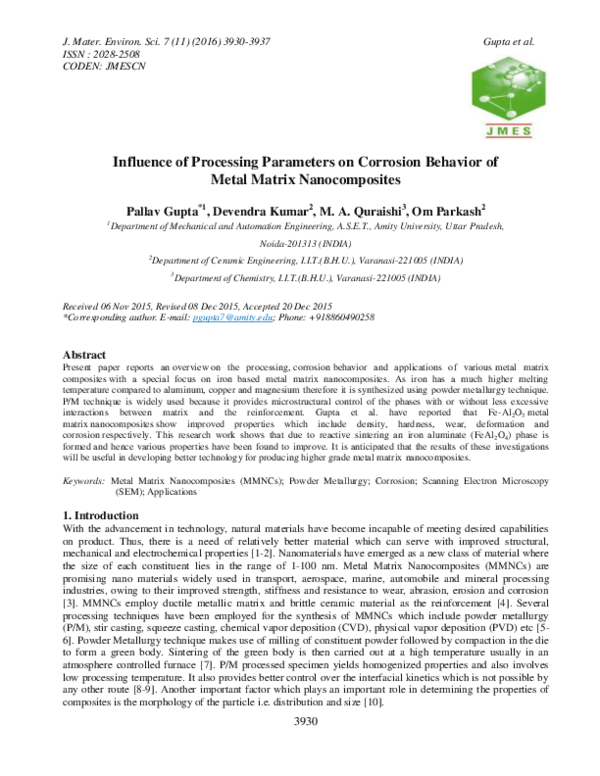 (PDF) Influence of Processing Parameters on Corrosion Behavior of Metal ...