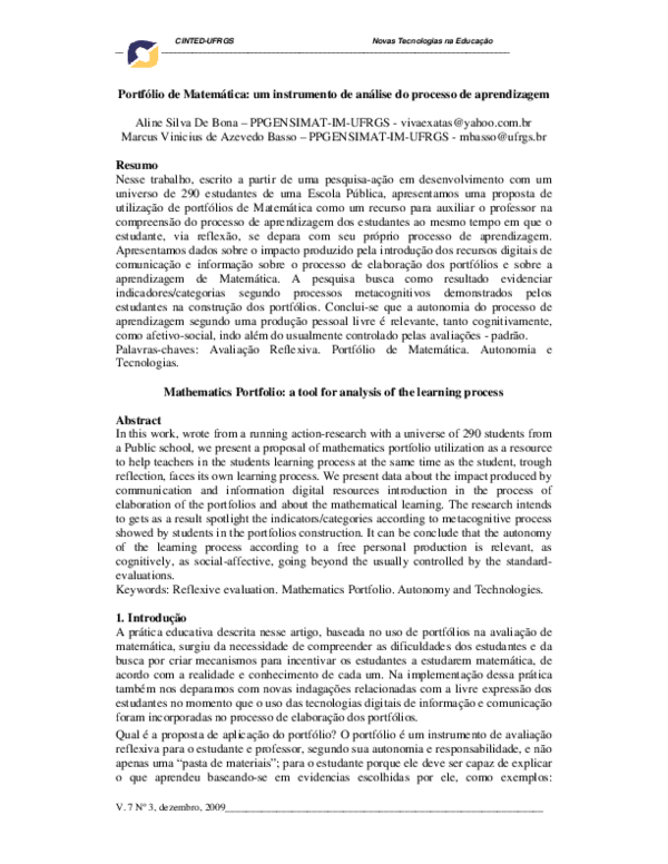 (PDF) Mathematics portfolio : a tool for analysis of the learning process