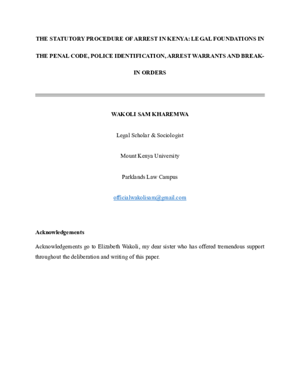 (PDF) THE STATUTORY PROCEDURE OF ARREST IN KENYA: LEGAL FOUNDATIONS IN ...