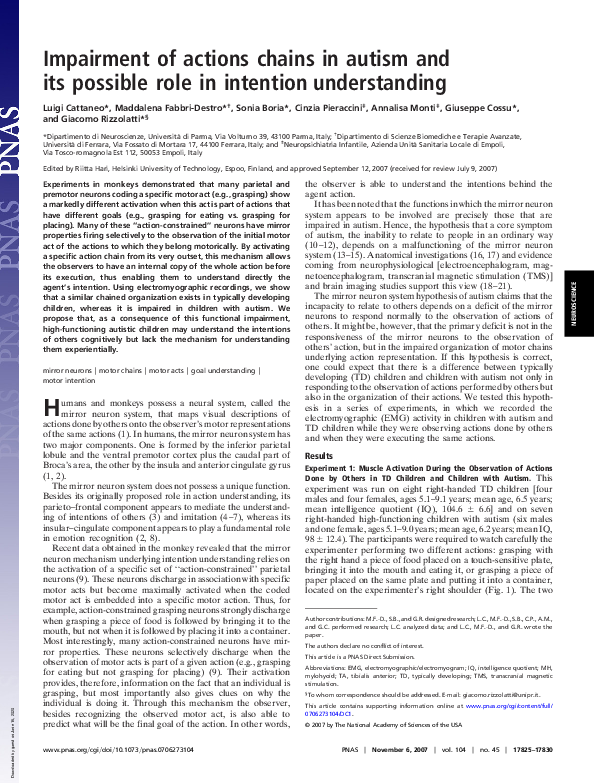 (PDF) Impairment of actions chains in autism and its possible role in ...