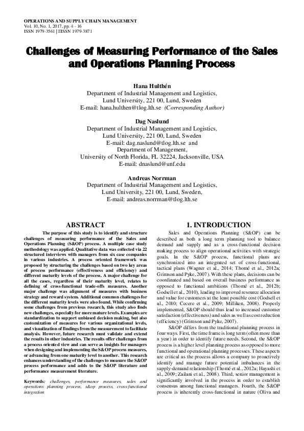 (PDF) Challenges of Measuring Performance of the Sales and Operations ...