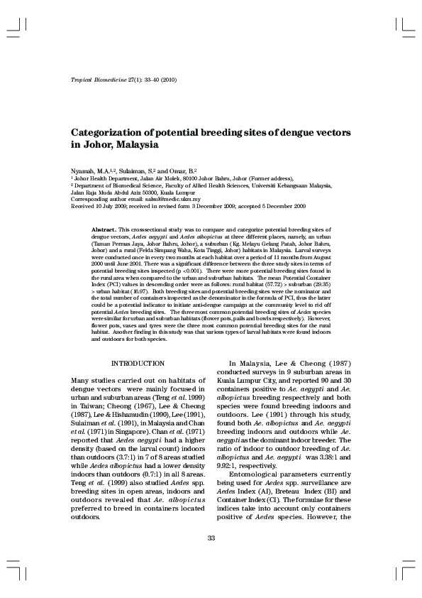 (PDF) Categorization of potential breeding sites of dengue vectors in ...