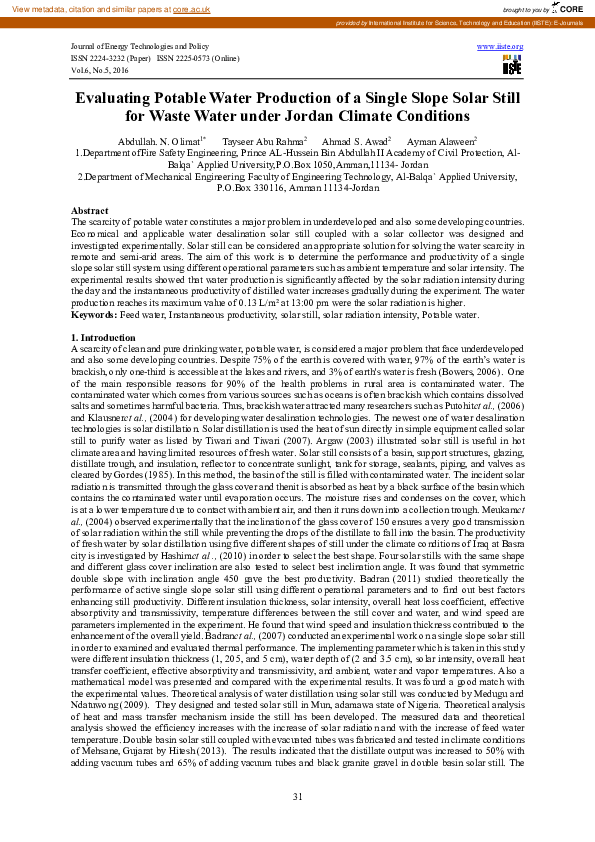 (PDF) Evaluating Potable Water Production of a Single Slope Solar Still ...