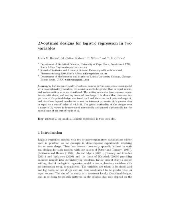 (PDF) D-optimal Designs for Logistic Regression in Two Variables