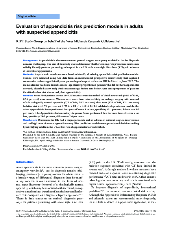 (PDF) Evaluation of appendicitis risk prediction models in adults with ...