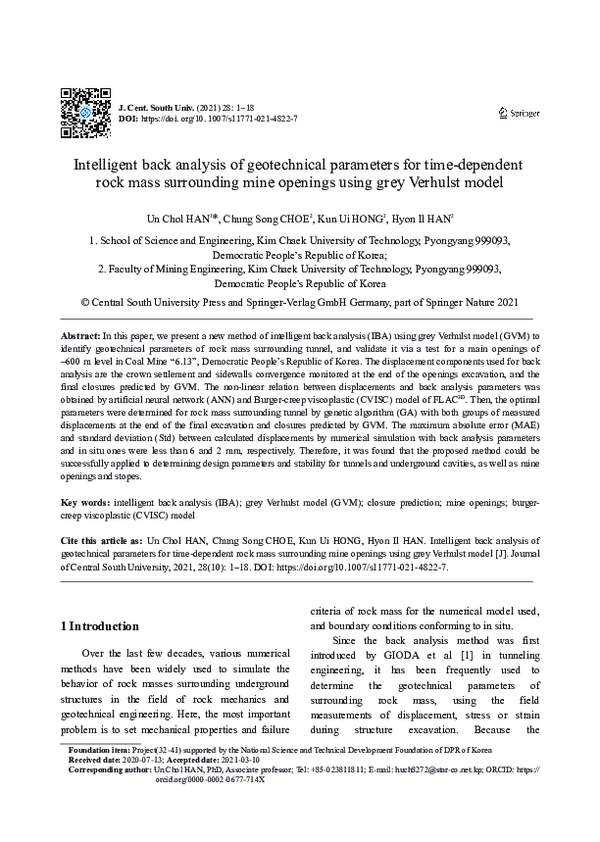 (PDF) Intelligent back analysis of geotechnical parameters for time ...