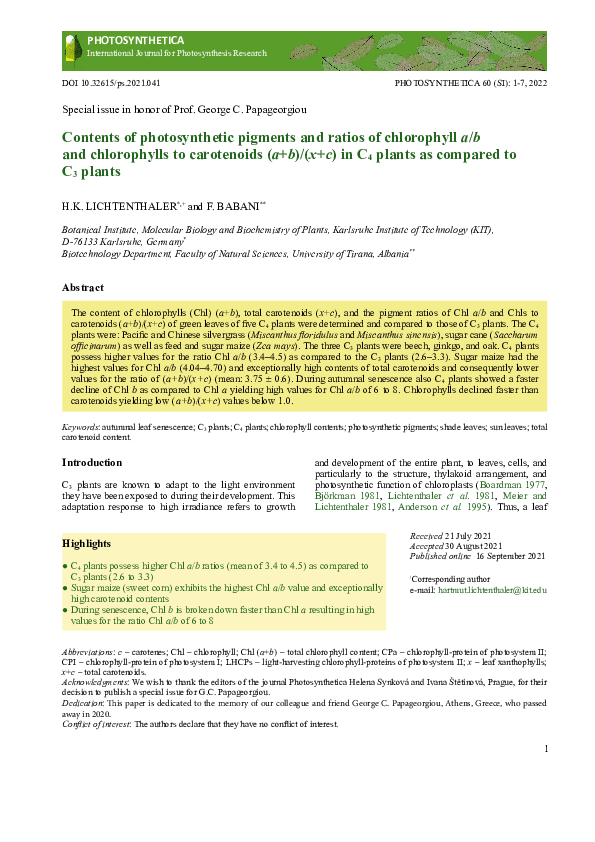 (PDF) Contents of photosynthetic pigments and ratios of chlorophyll a/b ...