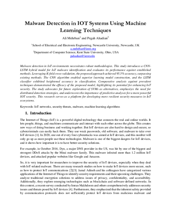 (PDF) Malware Detection in IOT Systems Using Machine Learning Techniques