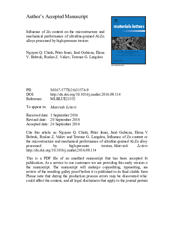 (PDF) Influence of Zn content on the microstructure and mechanical ...