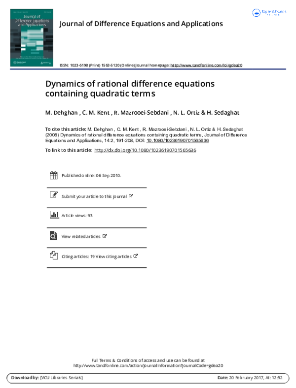 (PDF) Dynamics of rational difference equations containing quadratic terms