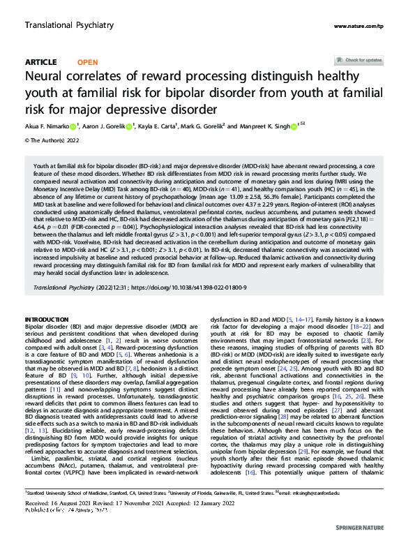 (PDF) Neural correlates of reward processing distinguish healthy youth ...