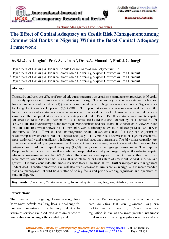 (PDF) The Effect of Capital Adequacy on Credit Risk Management among ...