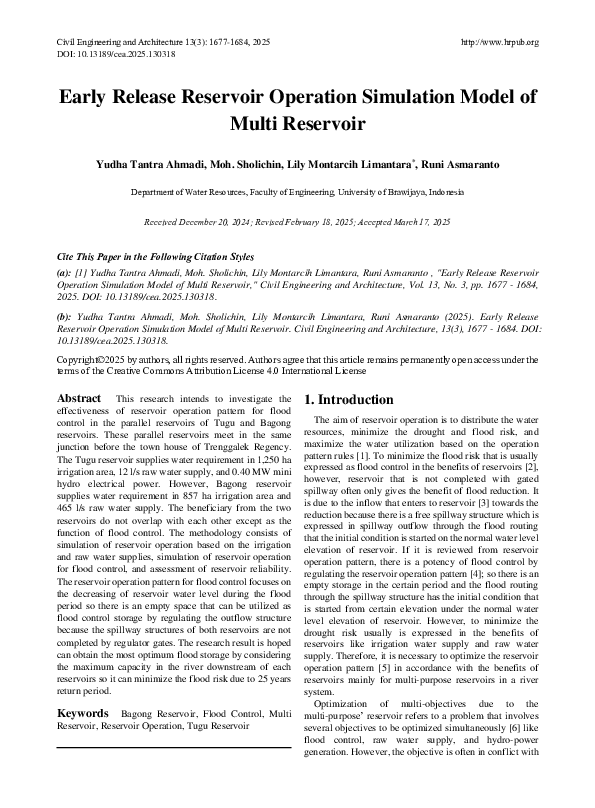 (PDF) Early Release Reservoir Operation Simulation Model of Multi Reservoir