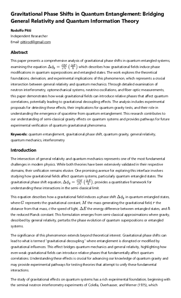 (PDF) Gravitational Phase Shifts in Quantum Entanglement: Bridging ...