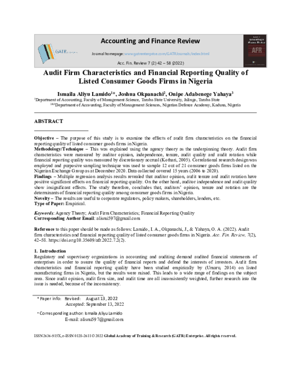 (PDF) Audit Firm Characteristics and Financial Reporting Quality of ...