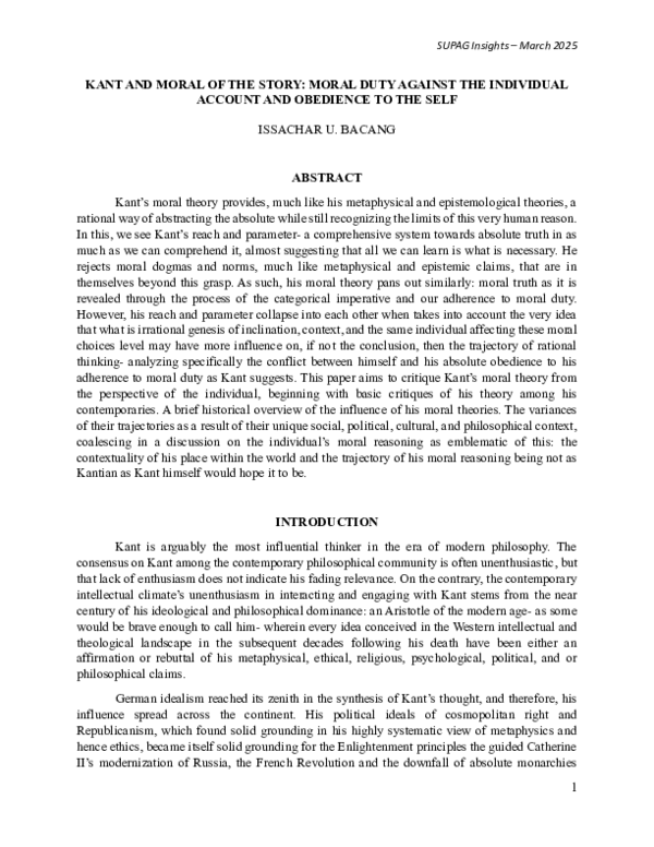 (PDF) KANT AND MORAL OF THE STORY: MORAL DUTY AGAINST THE INDIVIDUAL ...