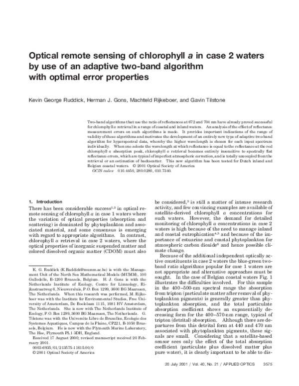 (PDF) Optical remote sensing of chlorophyll a in case 2 waters by use ...