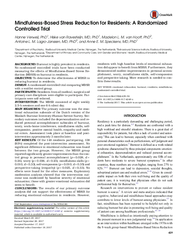 (PDF) Mindfulness-Based Stress Reduction for Residents: A Randomized ...