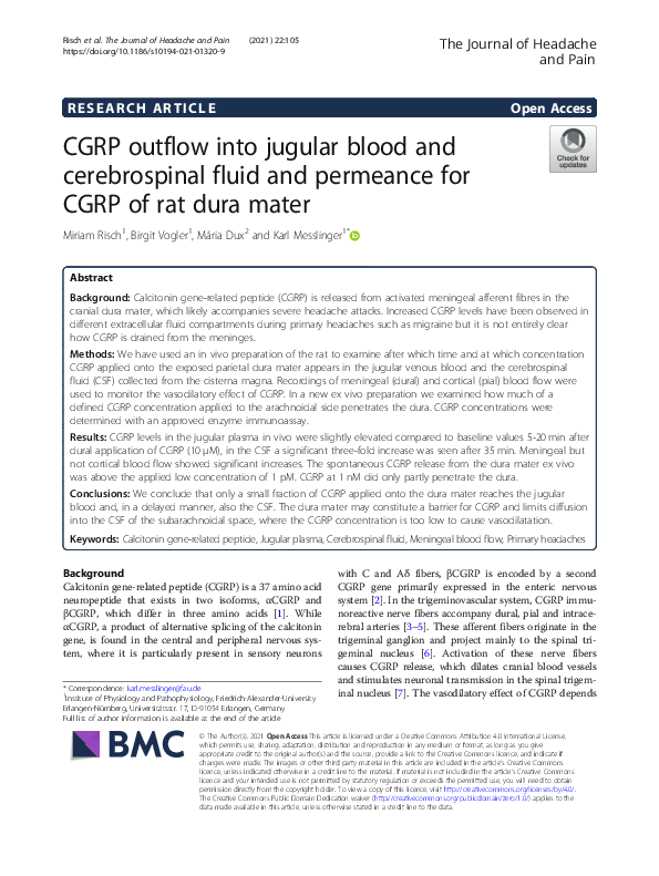 (PDF) CGRP outflow into jugular blood and cerebrospinal fluid and ...