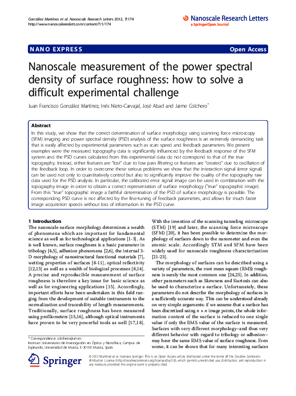 (PDF) Nanoscale measurement of the power spectral density of surface ...