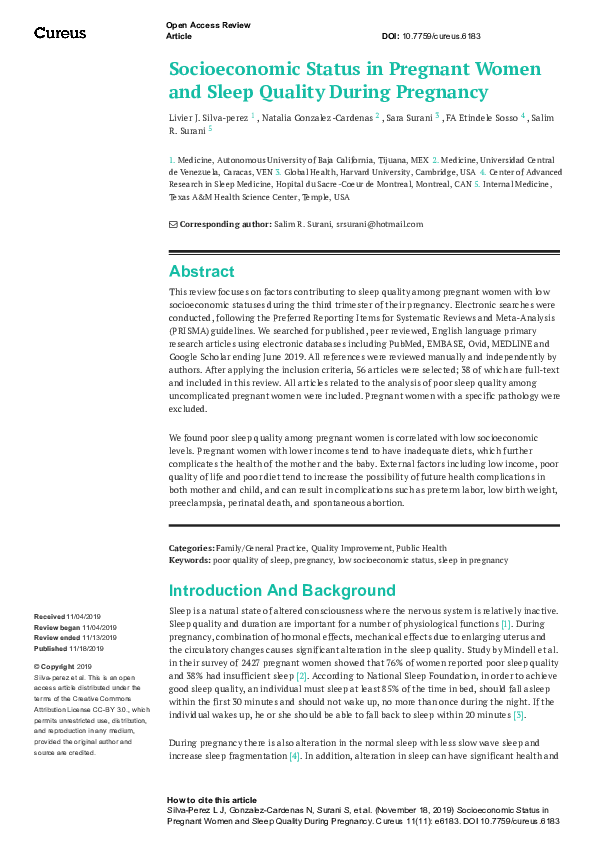 (PDF) Socioeconomic Status in Pregnant Women and Sleep Quality During ...
