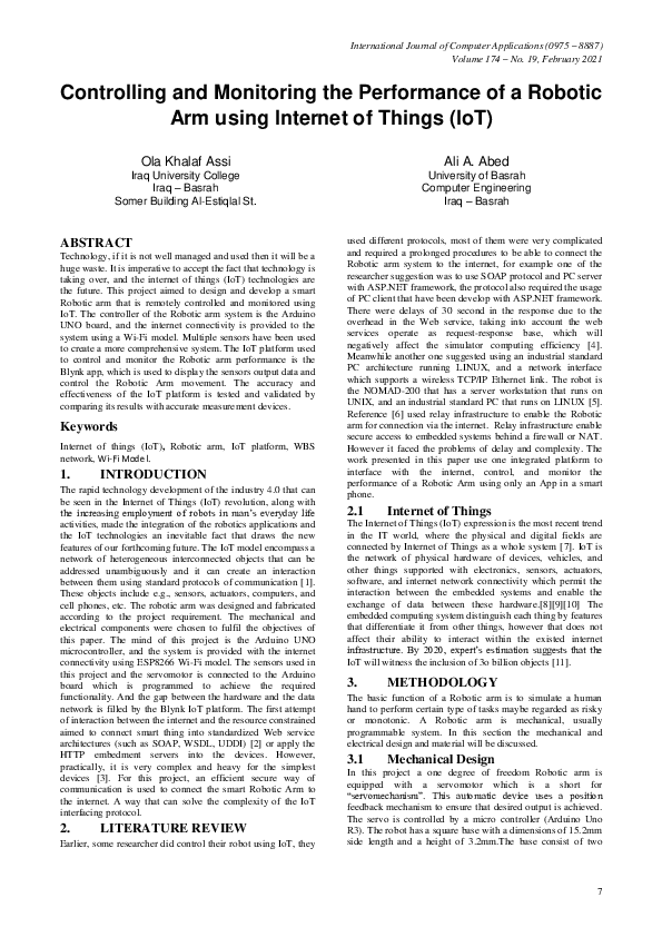 (PDF) Controlling and Monitoring the Performance of a Robotic Arm using ...