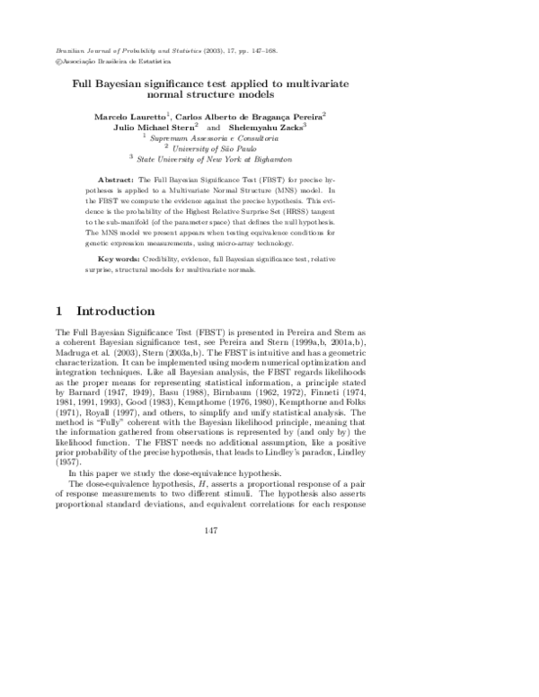(PDF) Full Bayesian significance test applied to multivariate normal ...