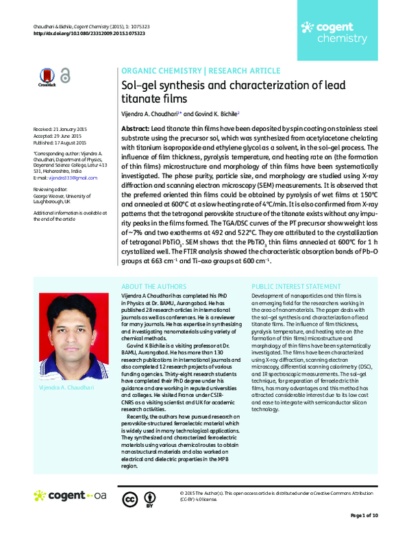 (PDF) Sol–gel synthesis and characterization of lead titanate films