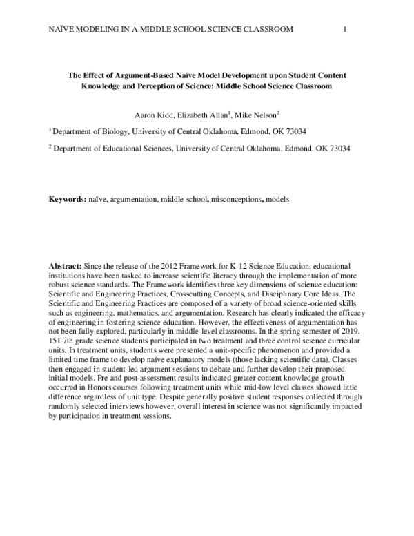 (PDF) NAÏVE MODELING IN A MIDDLE SCHOOL SCIENCE CLASSROOM 1 The Effect ...