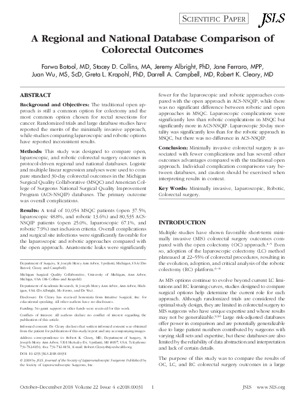 (PDF) A Regional and National Database Comparison of Colorectal Outcomes