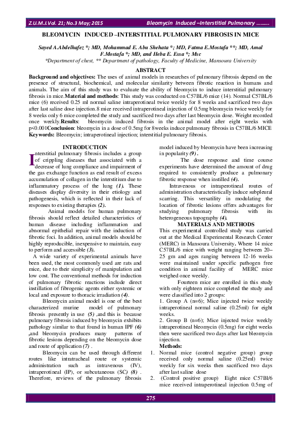 (PDF) Bleomycin Induced –Interstitial Pulmonary Fibrosis in Mice
