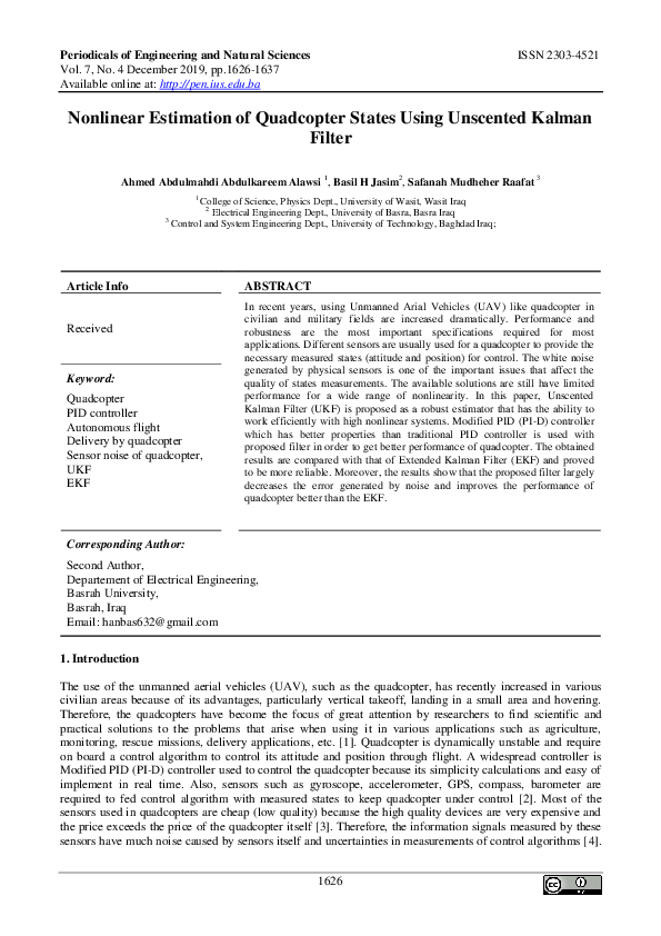 (PDF) Nonlinear estimation of quadcopter states using unscented Kalman ...