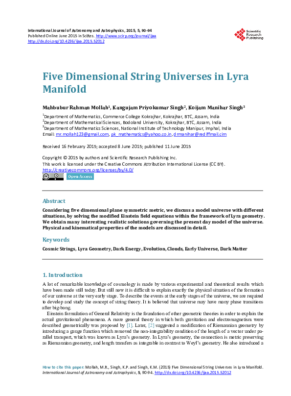 (PDF) Five Dimensional String Universes in Lyra Manifold
