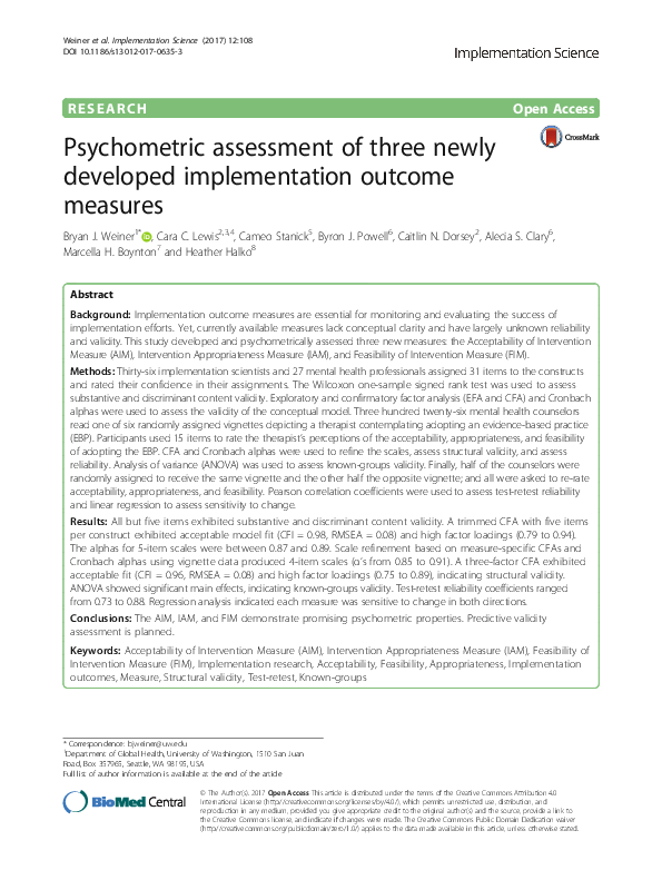 (PDF) Psychometric assessment of three newly developed implementation ...