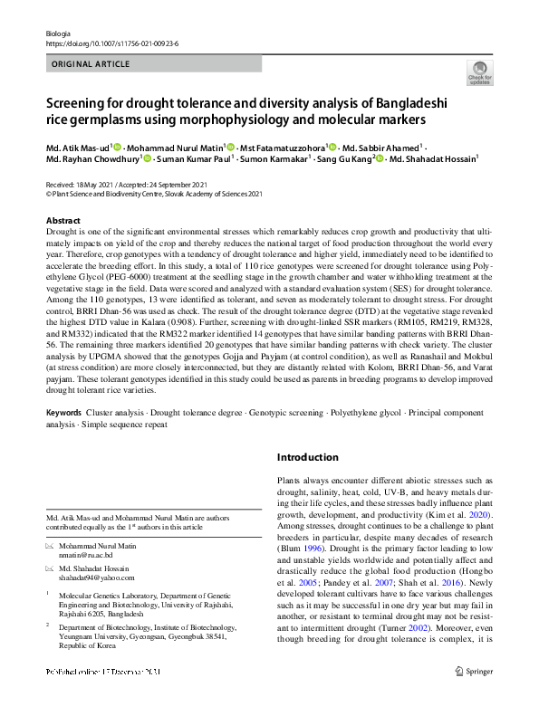 (PDF) Screening for drought tolerance and diversity analysis of ...