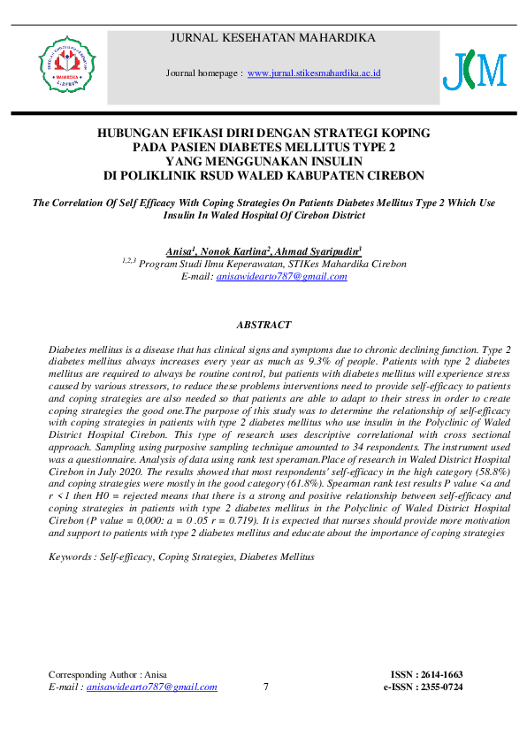 (PDF) The Correlation Of Self Efficacy With Coping Strategies On ...