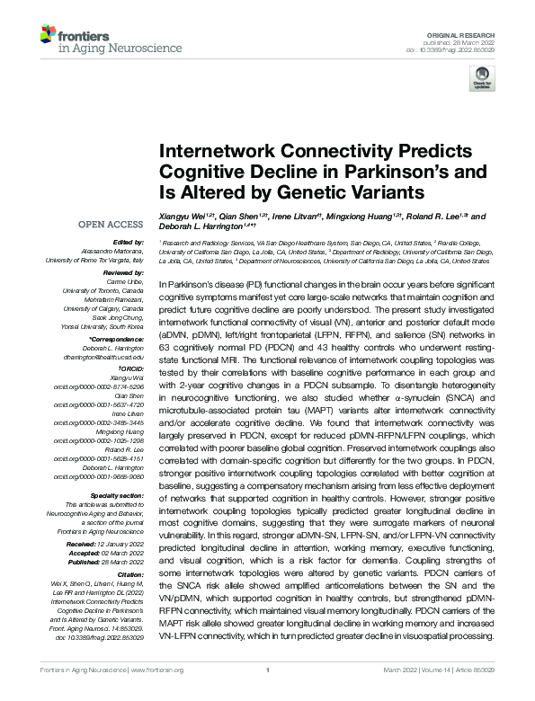 (PDF) Internetwork Connectivity Predicts Cognitive Decline in Parkinson ...