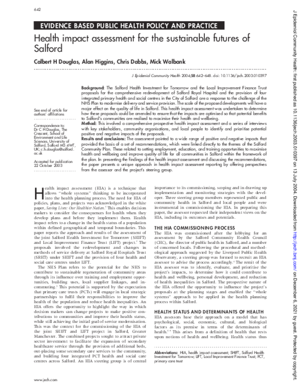 (PDF) Health impact assessment for the sustainable futures of Salford