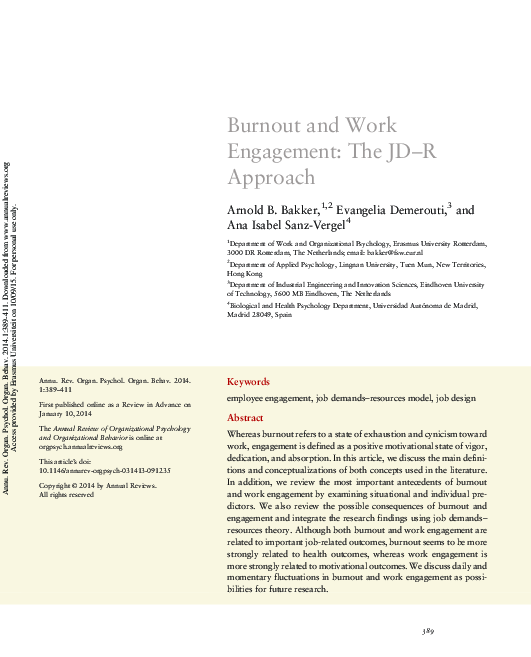 (PDF) Burnout and Work Engagement: The JD–R Approach
