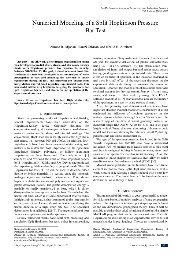 (PDF) Numerical Modeling of a Split Hopkinson Pressure Bar Test