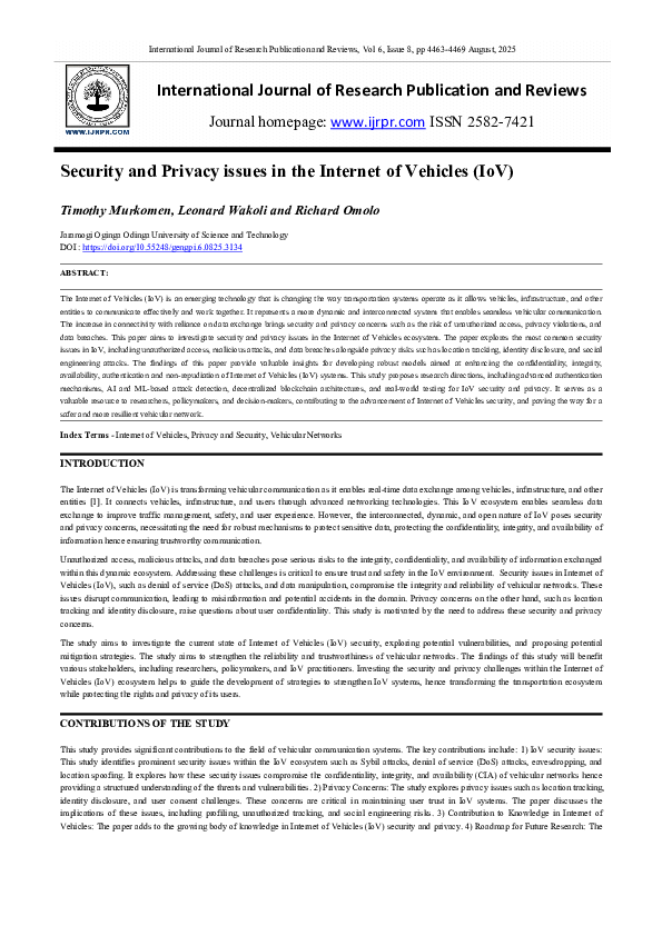 (PDF) Security and Privacy issues in the Internet of Vehicles (IoV)