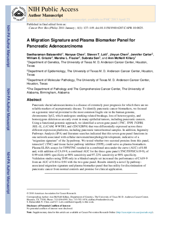 (PDF) A Migration Signature and Plasma Biomarker Panel for Pancreatic ...
