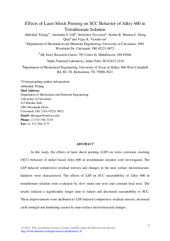 (PDF) Effects of laser shock peening on SCC behavior of Alloy 600 in ...