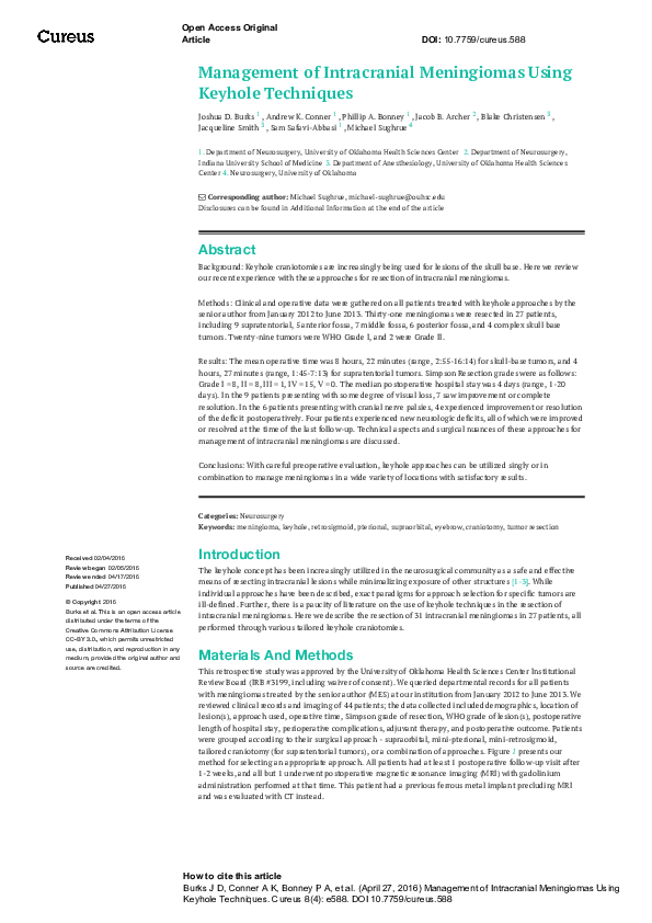 (PDF) Management of Intracranial Meningiomas Using Keyhole Techniques
