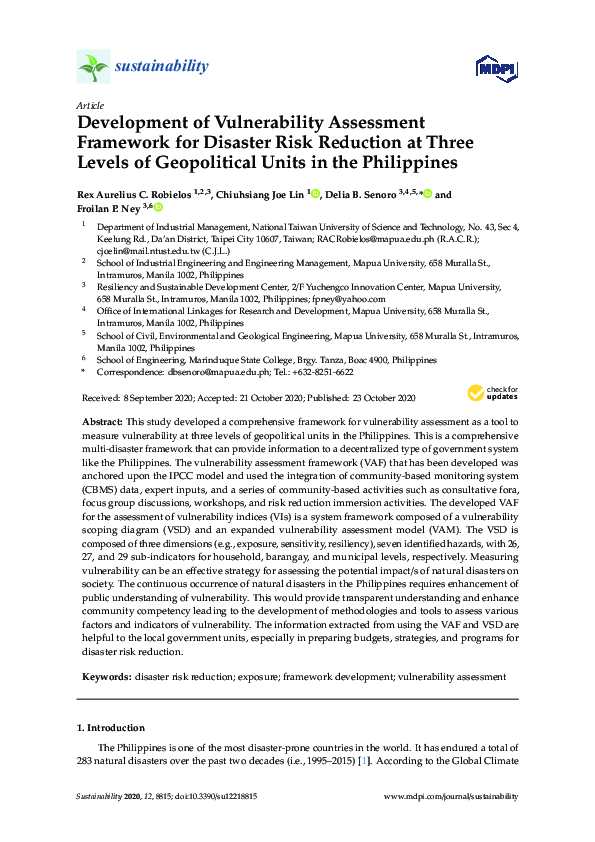 (PDF) Development of Vulnerability Assessment Framework for Disaster ...