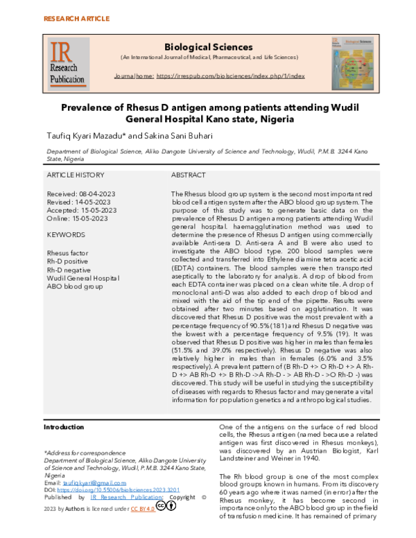 (PDF) Prevalence of Rhesus D antigen among patients attending Wudil ...